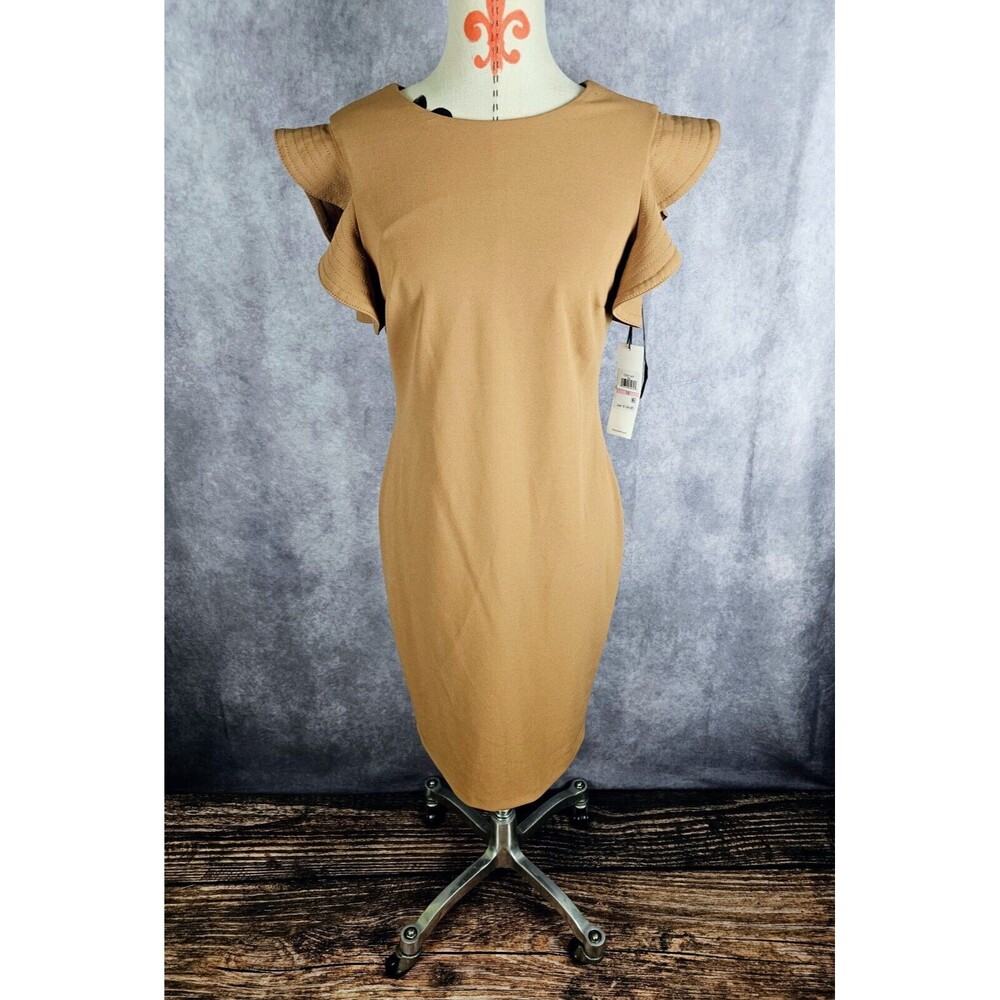 Calvin Klein Womens 10 Tan Brown Ruffle Sleeve Bodycon Dress Pencil
